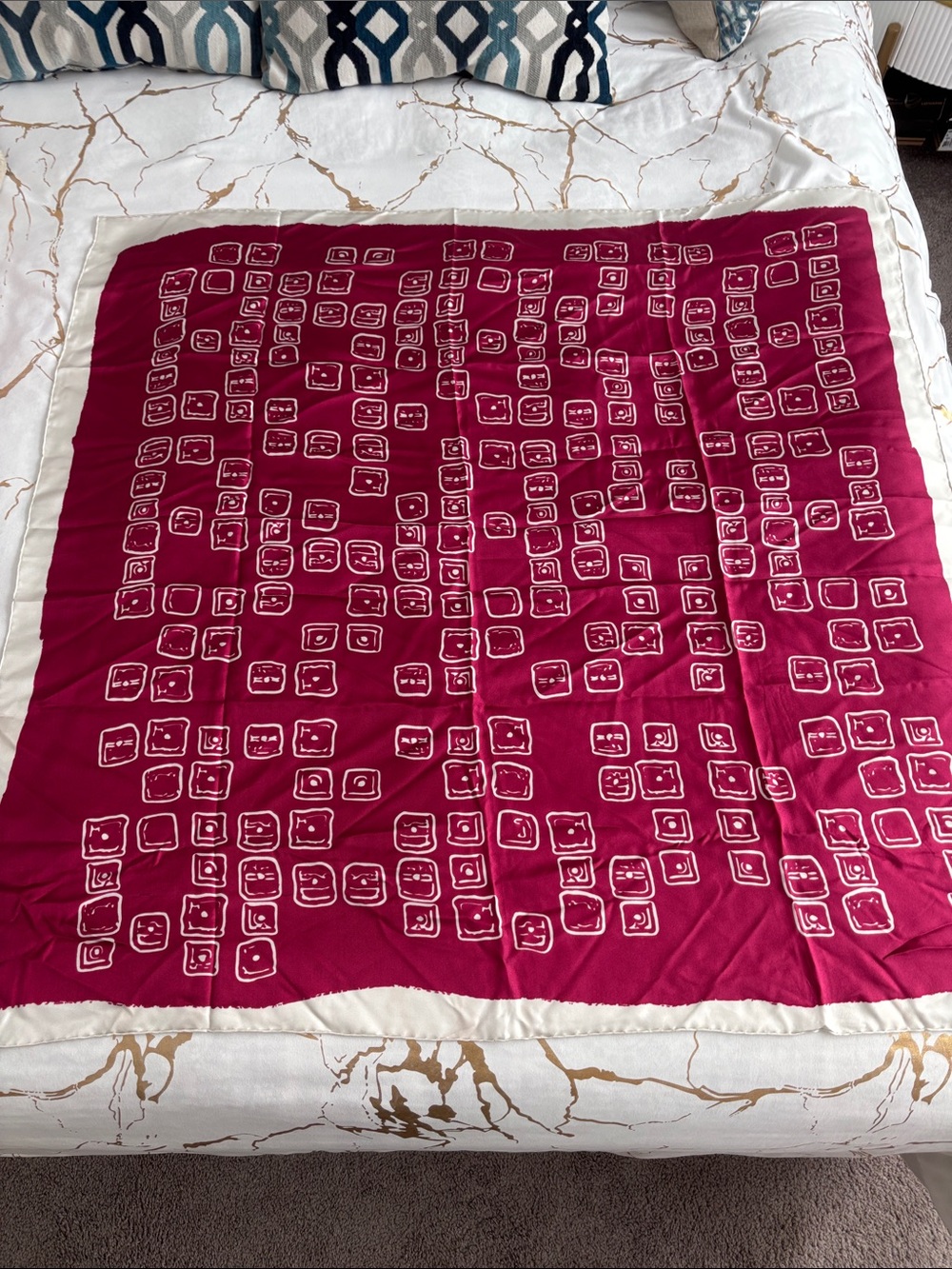 St. John Deep Magenta Silk Scarf with White Geometric Squares